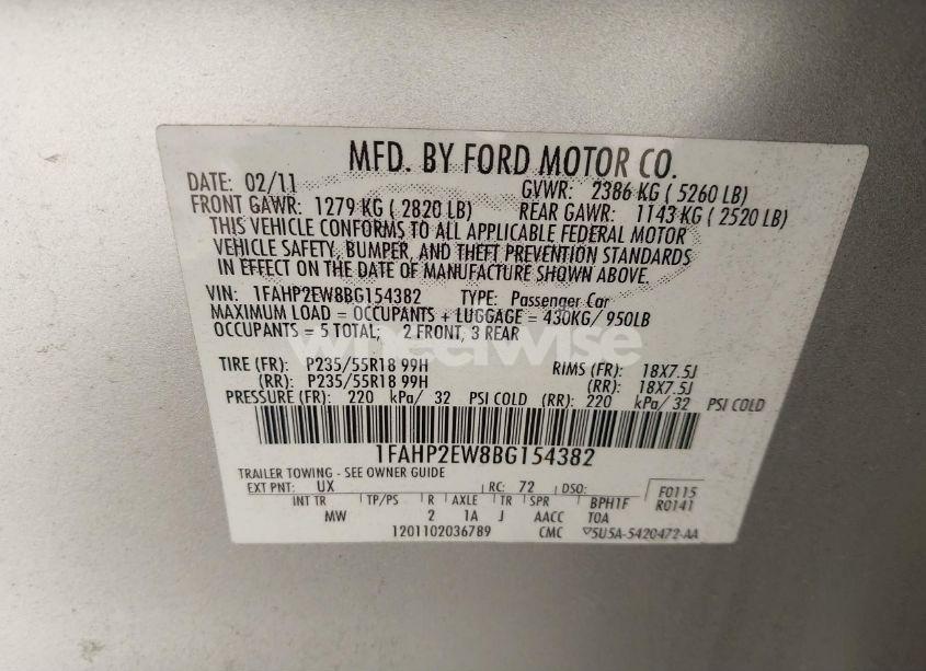 Photo 9 of 2011 Ford Taurus SEL (VIN 1FAHP2EW8BG154382)