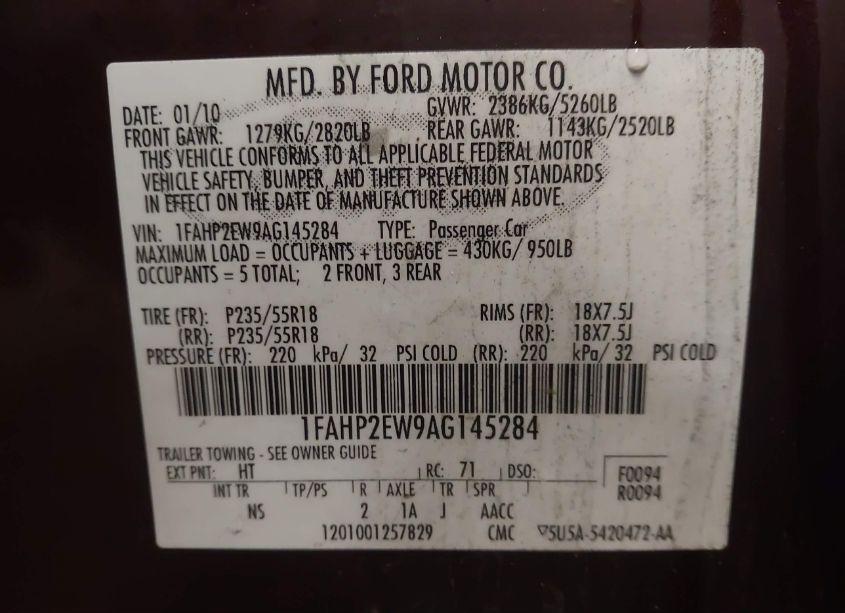 Photo 9 of 2010 Ford Taurus SEL (VIN 1FAHP2EW9AG145284)