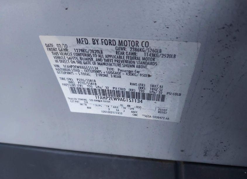 Photo 9 of 2010 Ford Taurus SEL (VIN 1FAHP2EW9AG151134)