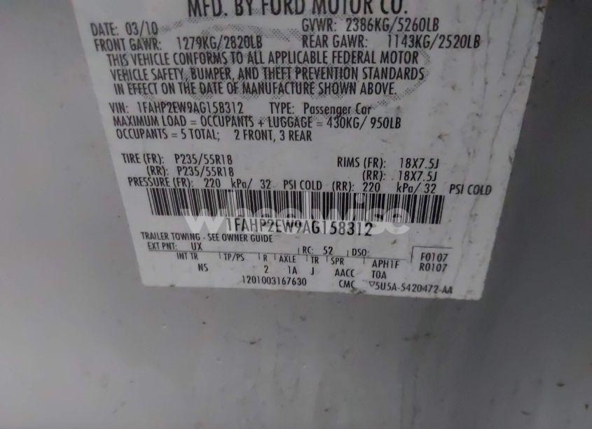 Photo 9 of 2010 Ford Taurus SEL (VIN 1FAHP2EW9AG158312)