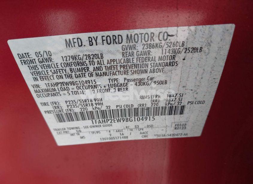 Photo 9 of 2011 Ford Taurus SEL (VIN 1FAHP2EW9BG104915)