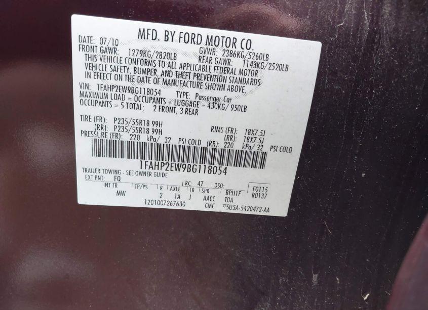 Photo 9 of 2011 Ford Taurus SEL (VIN 1FAHP2EW9BG118054)