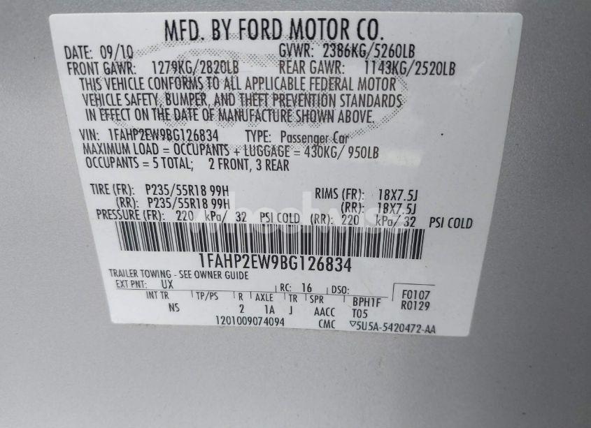 Photo 9 of 2011 Ford Taurus SEL (VIN 1FAHP2EW9BG126834)