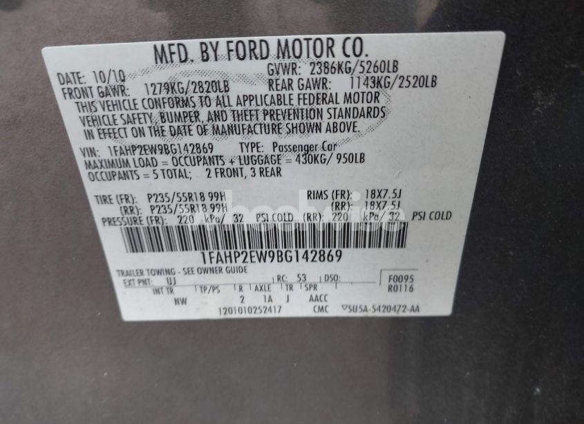 Photo 9 of 2011 Ford Taurus SEL (VIN 1FAHP2EW9BG142869)