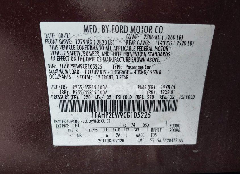 Photo 9 of 2012 Ford Taurus SEL (VIN 1FAHP2EW9CG105225)