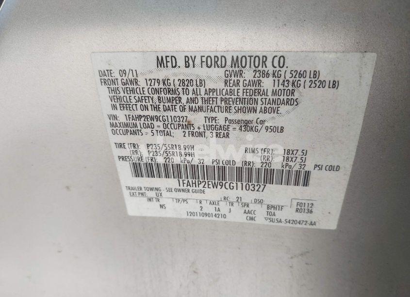 Photo 9 of 2012 Ford Taurus SEL (VIN 1FAHP2EW9CG110327)