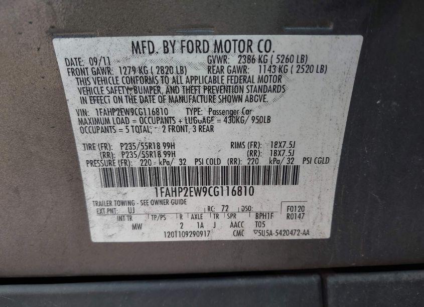 Photo 9 of 2012 Ford Taurus SEL (VIN 1FAHP2EW9CG116810)