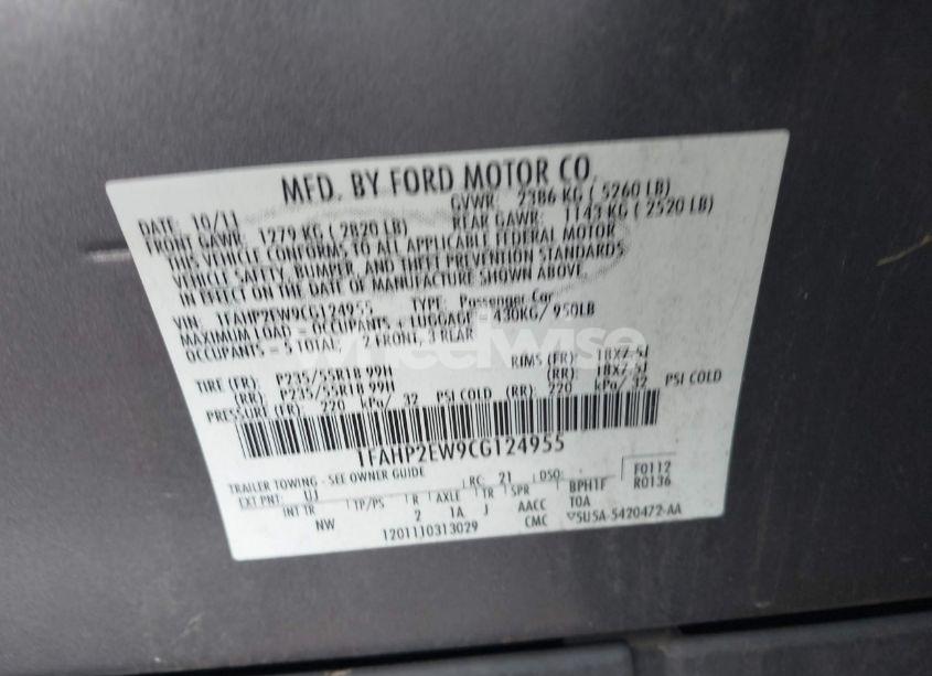 Photo 9 of 2012 Ford Taurus SEL (VIN 1FAHP2EW9CG124955)