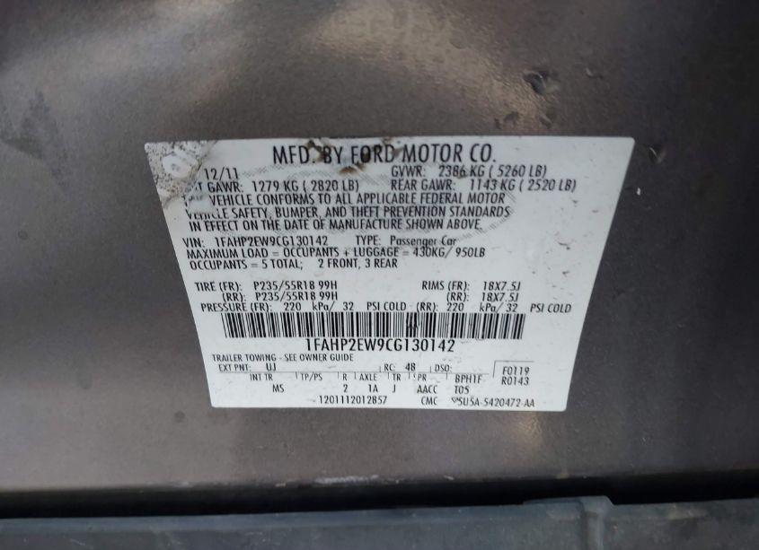 Photo 9 of 2012 Ford Taurus SEL (VIN 1FAHP2EW9CG130142)
