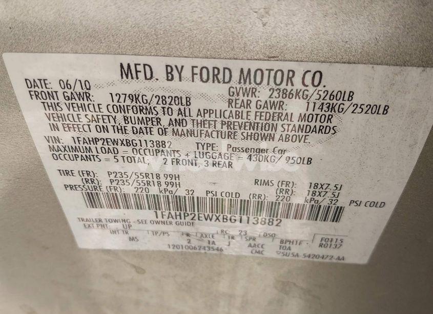 Photo 9 of 2011 Ford Taurus SEL (VIN 1FAHP2EWXBG113882)