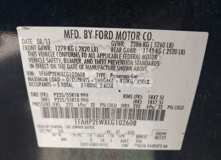Photo 9 of 2012 Ford Taurus SEL (VIN 1FAHP2EWXCG102608)