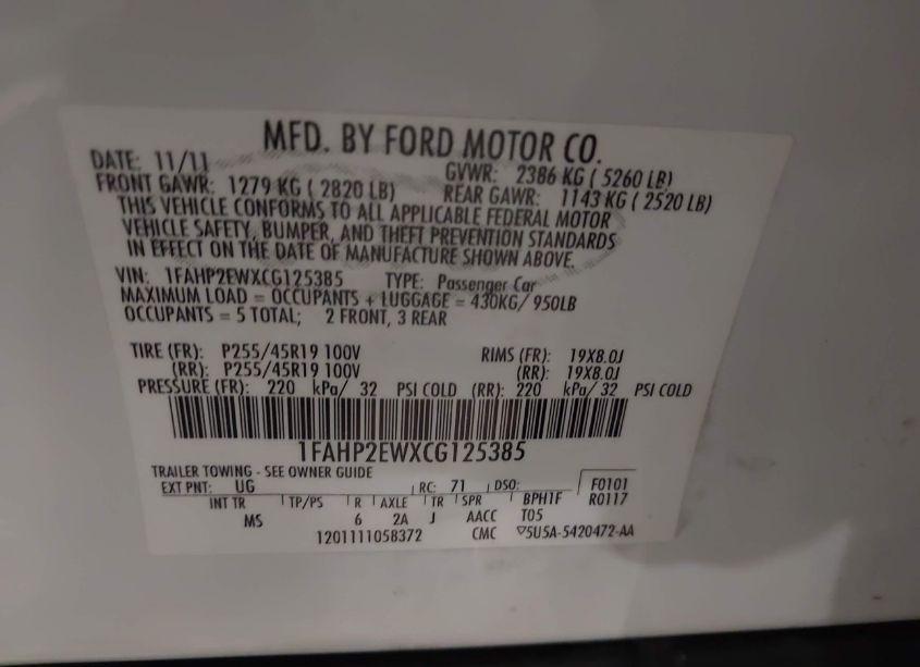Photo 9 of 2012 Ford Taurus SEL (VIN 1FAHP2EWXCG125385)