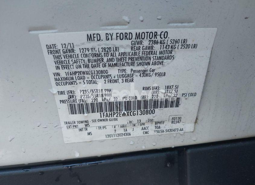 Photo 9 of 2012 Ford Taurus SEL (VIN 1FAHP2EWXCG130800)