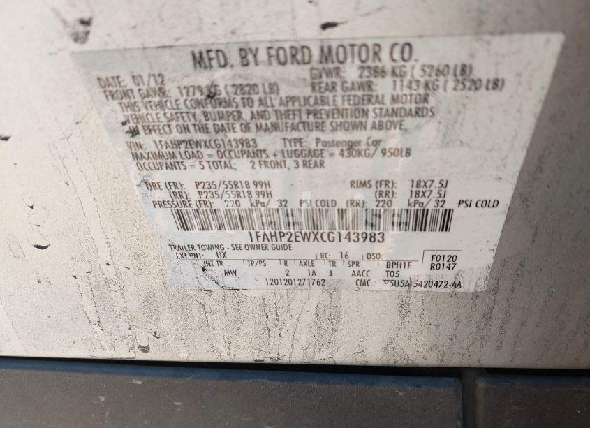 Photo 9 of 2012 Ford Taurus SEL (VIN 1FAHP2EWXCG143983)