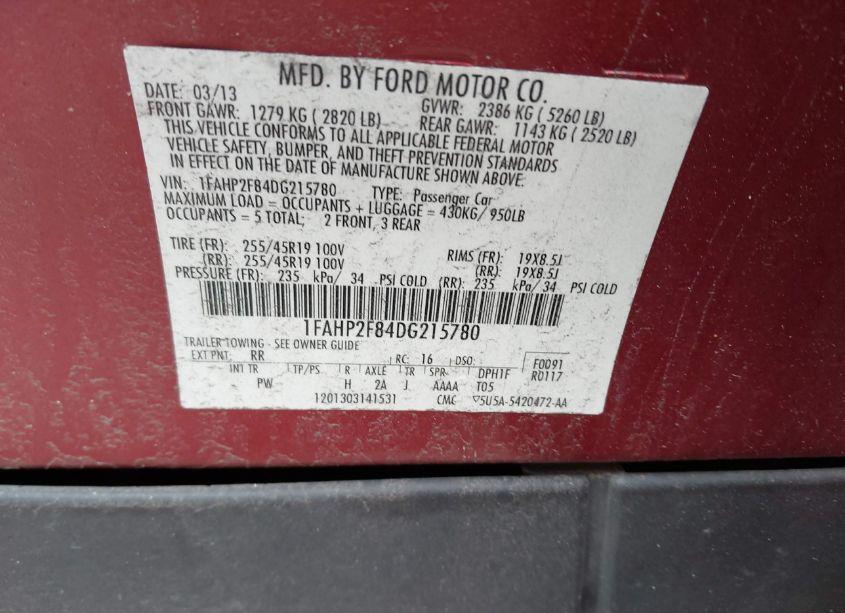 Photo 9 of 2013 Ford Taurus LIMITED (VIN 1FAHP2F84DG215780)