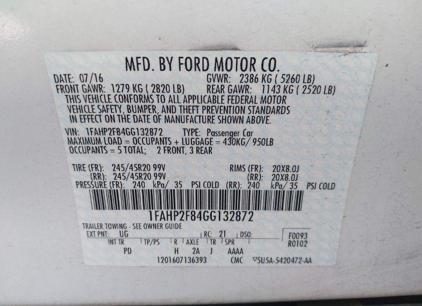 Photo 9 of 2016 Ford Taurus LIMITED (VIN 1FAHP2F84GG132872)