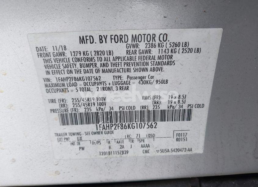 Photo 9 of 2019 Ford Taurus LIMITED (VIN 1FAHP2F86KG107562)