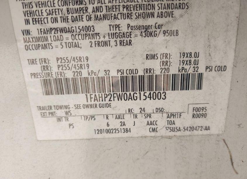 Photo 9 of 2010 Ford Taurus LIMITED (VIN 1FAHP2FW0AG154003)