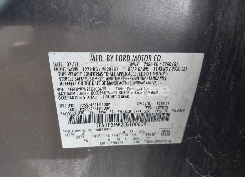 Photo 9 of 2012 Ford Taurus LIMITED (VIN 1FAHP2FW2CG100639)