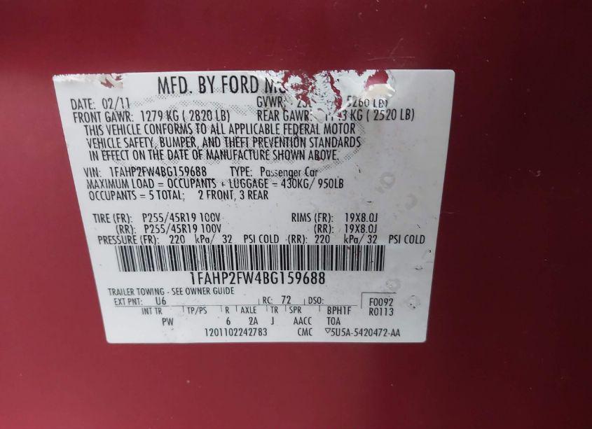 Photo 9 of 2011 Ford Taurus LIMITED (VIN 1FAHP2FW4BG159688)