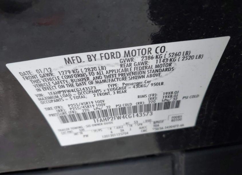 Photo 9 of 2012 Ford Taurus LIMITED (VIN 1FAHP2FW4CG143573)