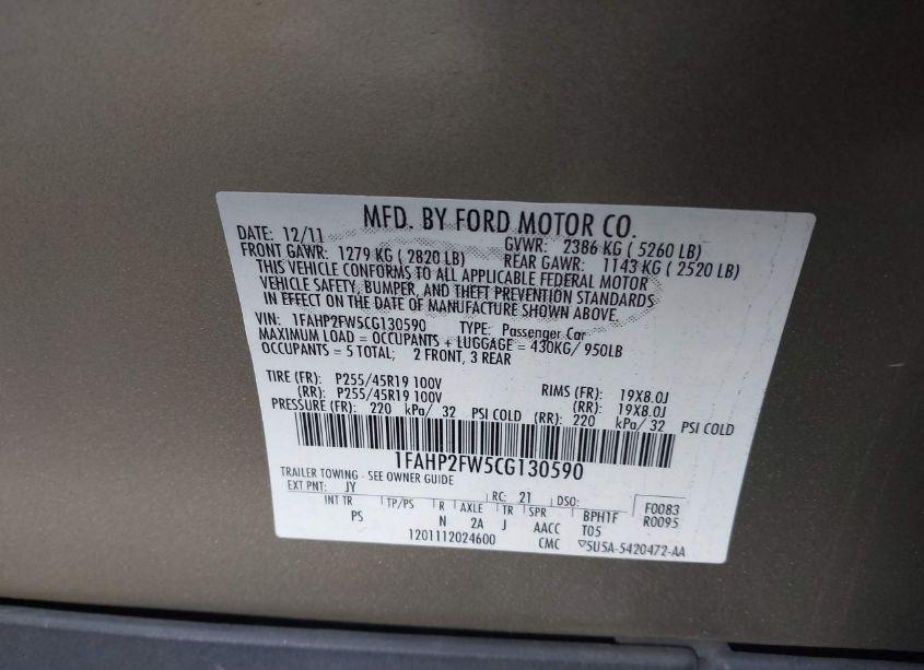 Photo 9 of 2012 Ford Taurus LIMITED (VIN 1FAHP2FW5CG130590)