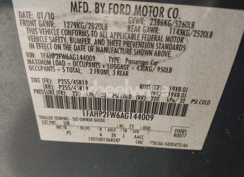 Photo 9 of 2010 Ford Taurus LIMITED (VIN 1FAHP2FW6AG144009)
