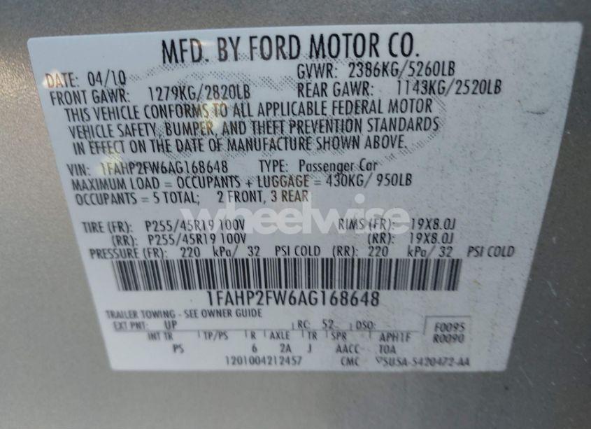 Photo 9 of 2010 Ford Taurus LIMITED (VIN 1FAHP2FW6AG168648)