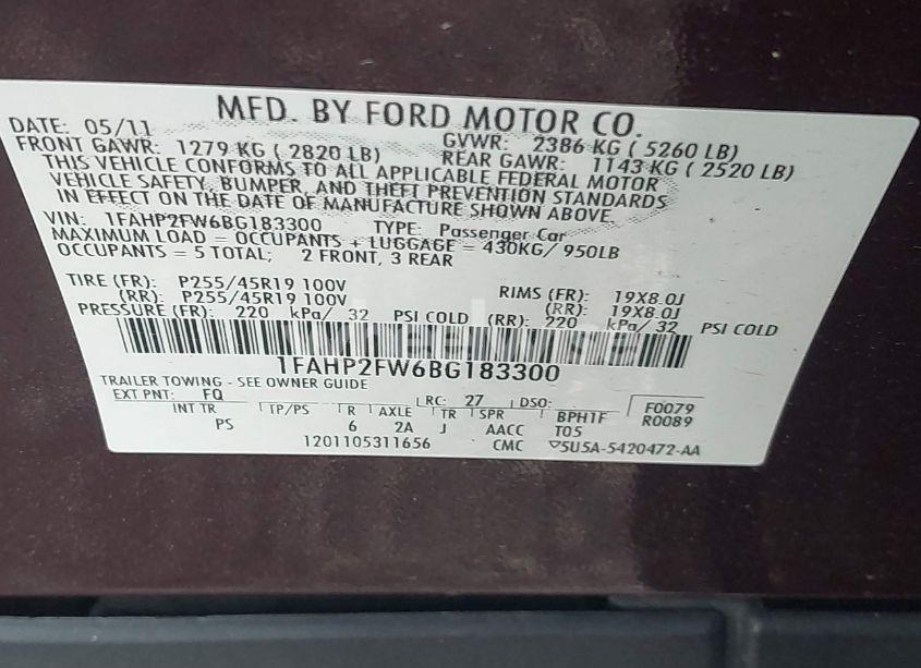 Photo 9 of 2011 Ford Taurus LIMITED (VIN 1FAHP2FW6BG183300)