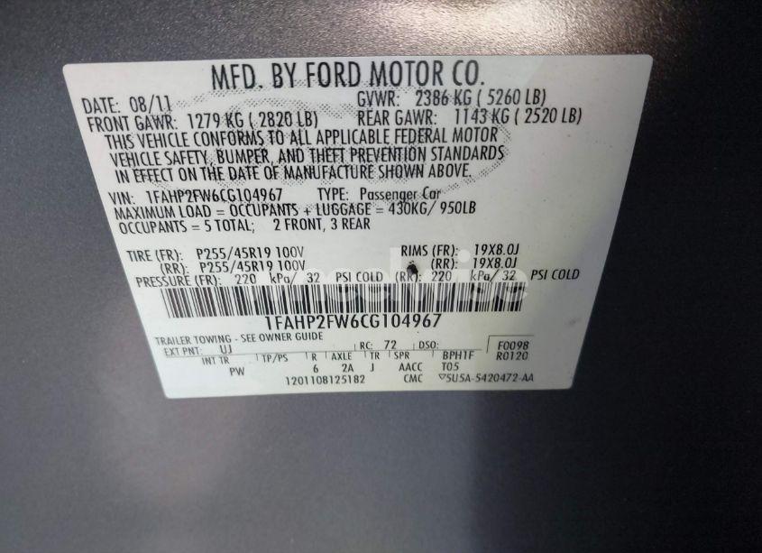 Photo 9 of 2012 Ford Taurus LIMITED (VIN 1FAHP2FW6CG104967)