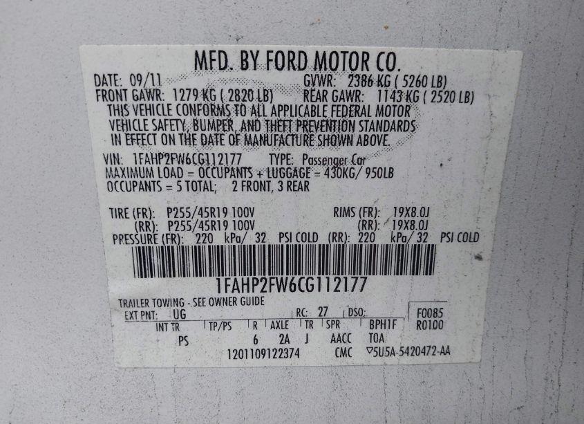 Photo 9 of 2012 Ford Taurus LIMITED (VIN 1FAHP2FW6CG112177)