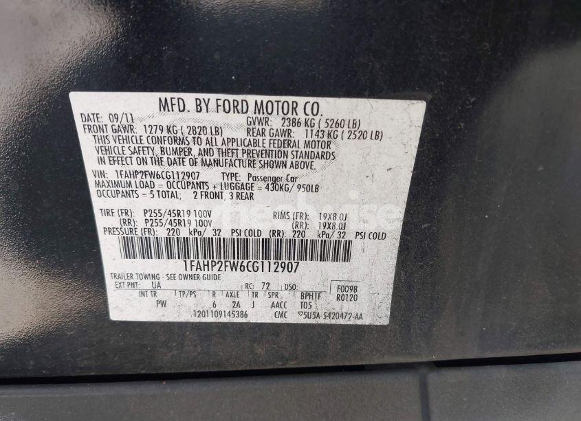 Photo 9 of 2012 Ford Taurus LIMITED (VIN 1FAHP2FW6CG112907)