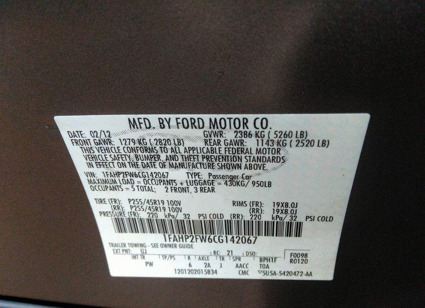 Photo 9 of 2012 Ford Taurus LIMITED (VIN 1FAHP2FW6CG142067)