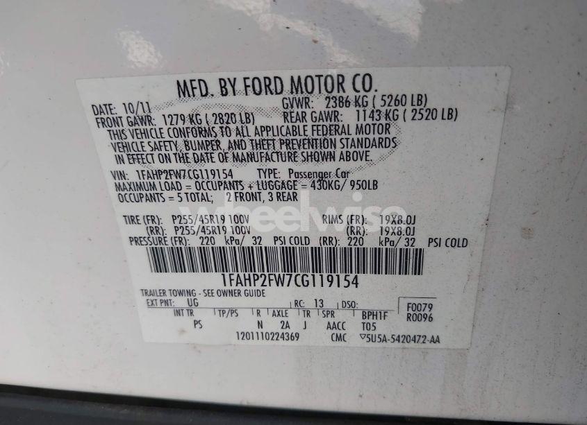 Photo 9 of 2012 Ford Taurus LIMITED (VIN 1FAHP2FW7CG119154)