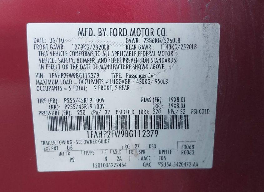 Photo 9 of 2011 Ford Taurus LIMITED (VIN 1FAHP2FW9BG112379)