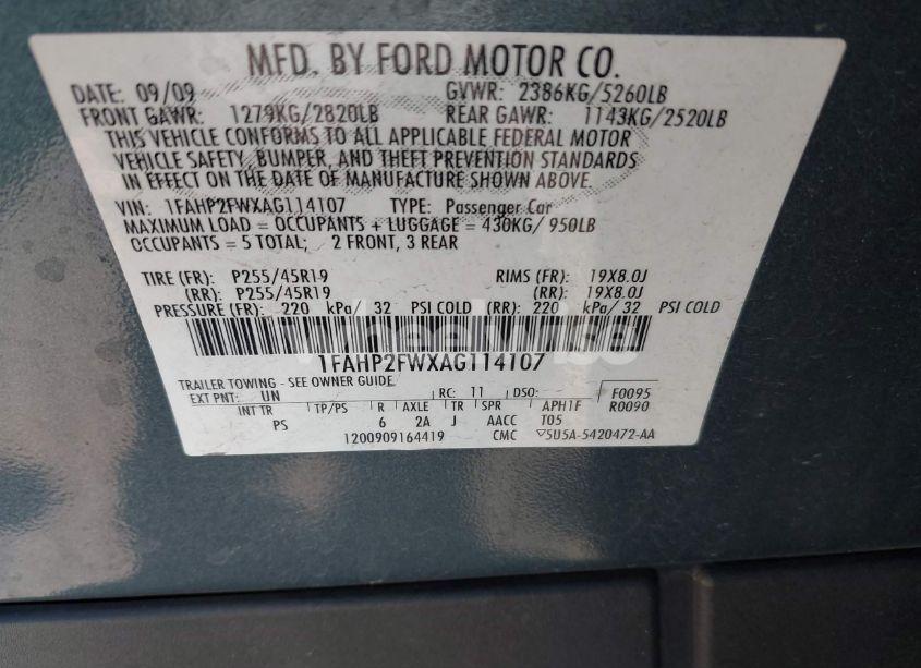 Photo 9 of 2010 Ford Taurus LIMITED (VIN 1FAHP2FWXAG114107)