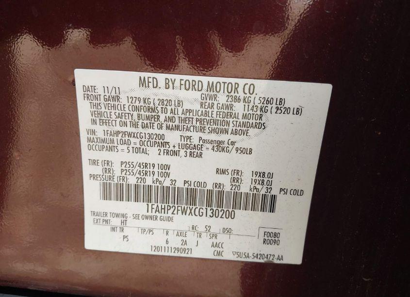 Photo 9 of 2012 Ford Taurus LIMITED (VIN 1FAHP2FWXCG130200)