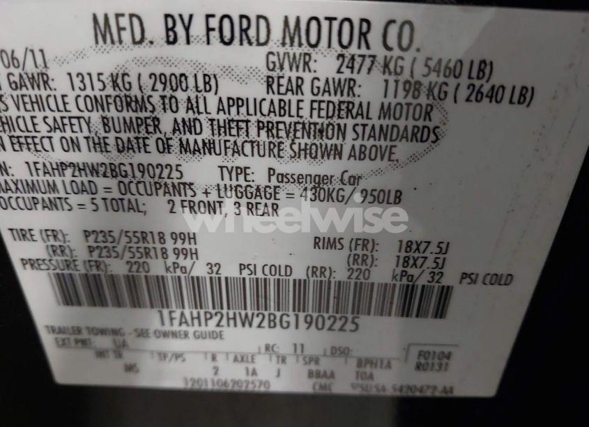 Photo 9 of 2011 Ford Taurus SEL (VIN 1FAHP2HW2BG190225)