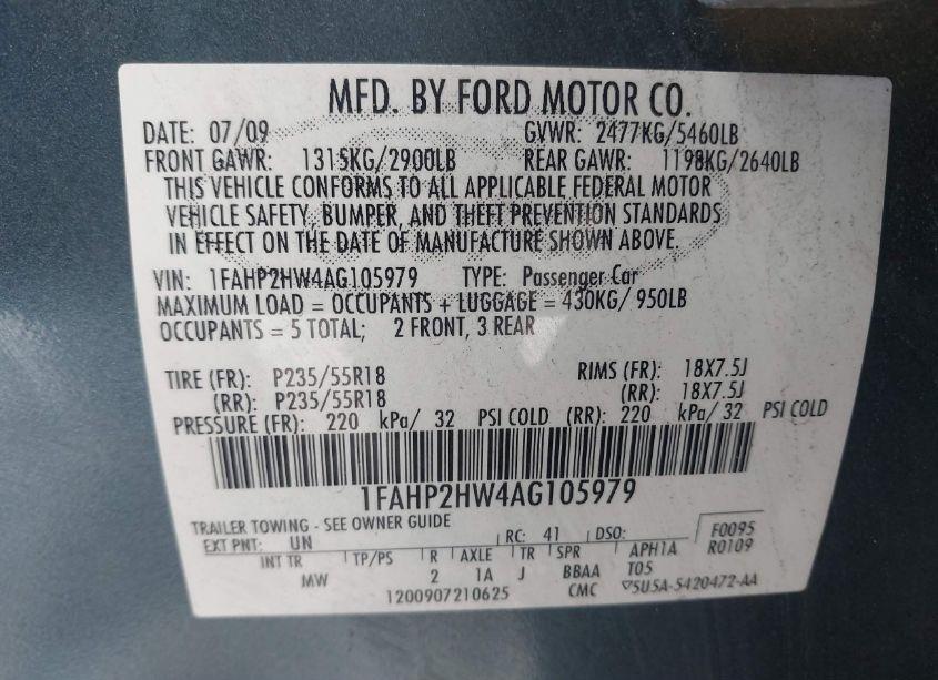 Photo 9 of 2010 Ford Taurus SEL (VIN 1FAHP2HW4AG105979)