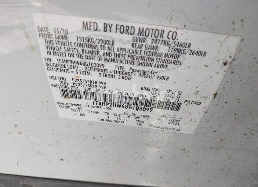 Photo 9 of 2011 Ford Taurus SEL (VIN 1FAHP2HW6BG103099)