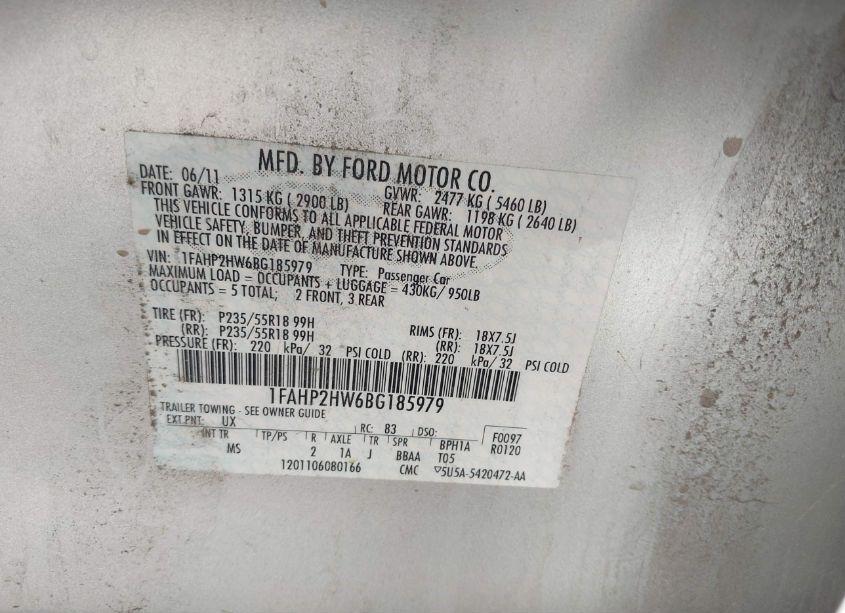 Photo 9 of 2011 Ford Taurus SEL (VIN 1FAHP2HW6BG185979)