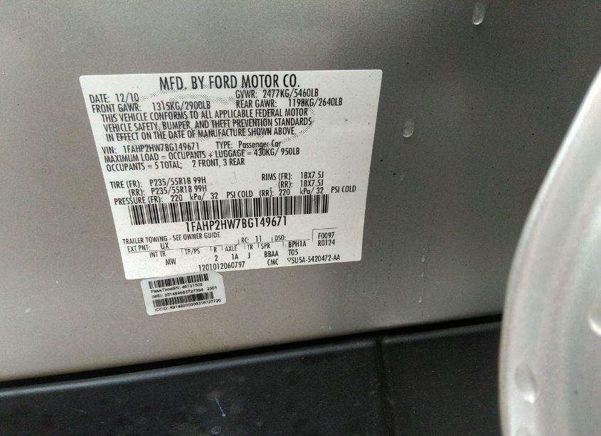 Photo 9 of 2011 Ford Taurus SEL (VIN 1FAHP2HW7BG149671)