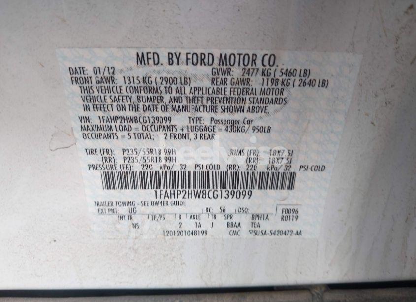 Photo 9 of 2012 Ford Taurus SEL (VIN 1FAHP2HW8CG139099)