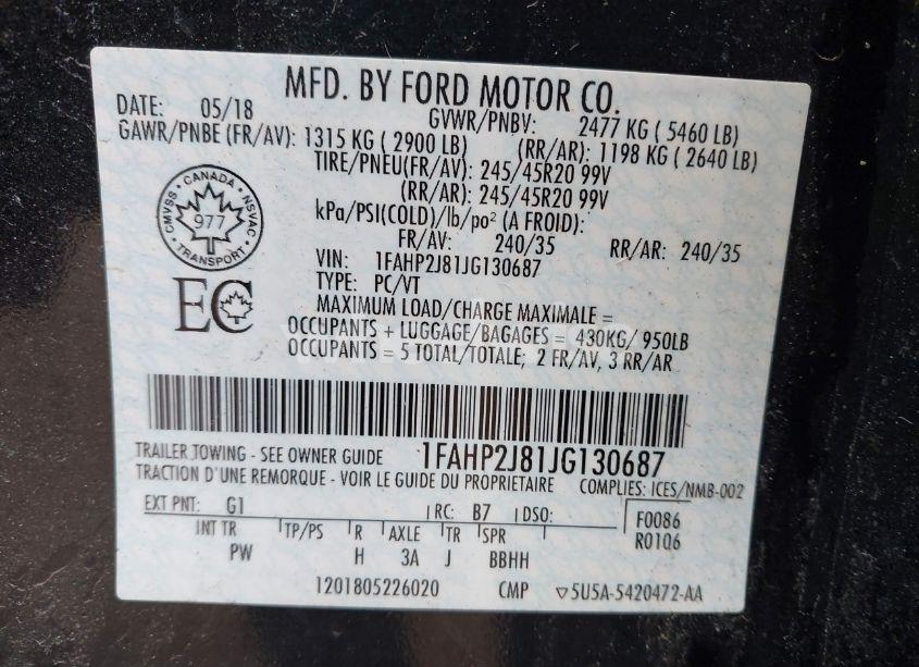 Photo 9 of 2018 Ford Taurus LIMITED (VIN 1FAHP2J81JG130687)