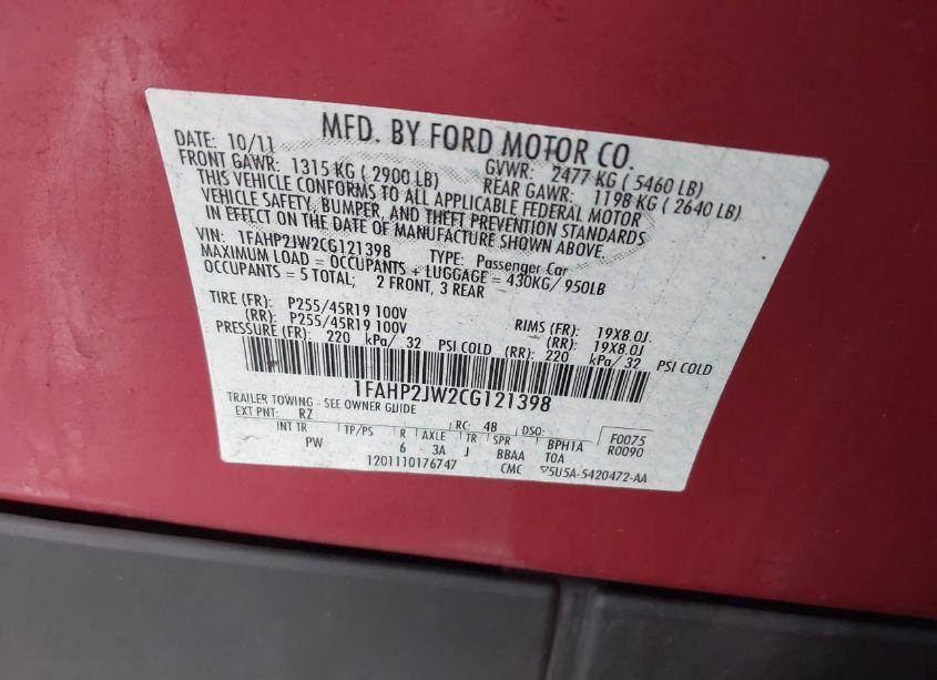 Photo 9 of 2012 Ford Taurus LIMITED (VIN 1FAHP2JW2CG121398)
