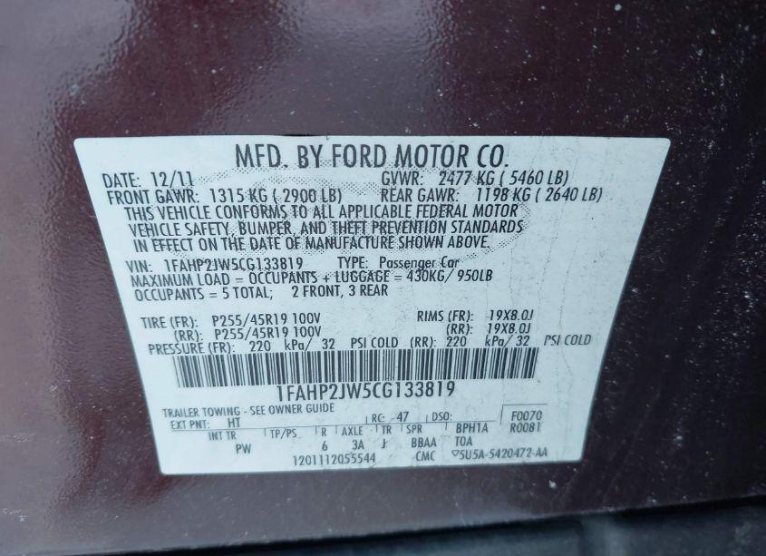 Photo 9 of 2012 Ford Taurus LIMITED (VIN 1FAHP2JW5CG133819)