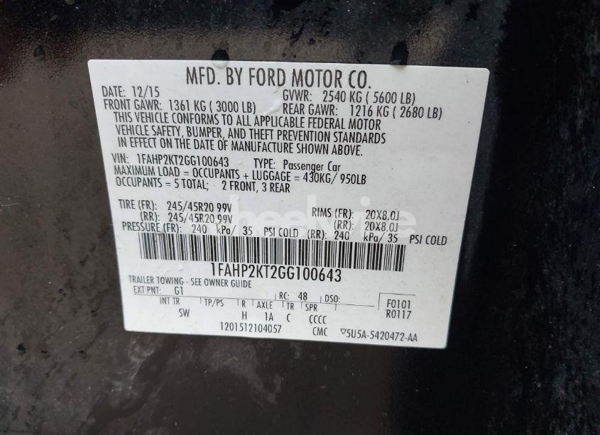 Photo 9 of 2016 Ford Taurus SHO (VIN 1FAHP2KT2GG100643)