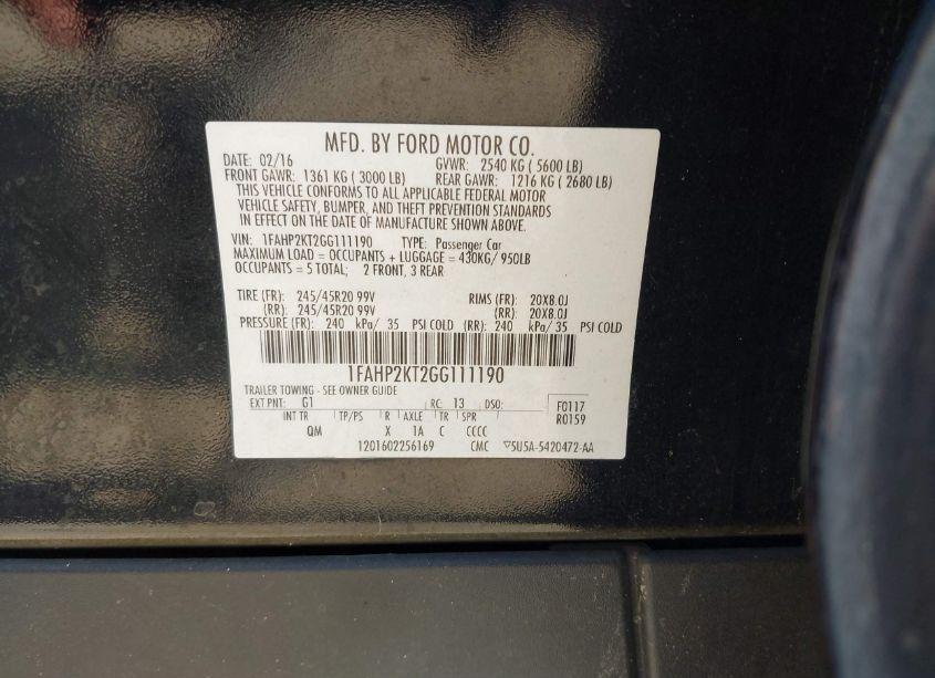 Photo 9 of 2016 Ford Taurus SHO (VIN 1FAHP2KT2GG111190)