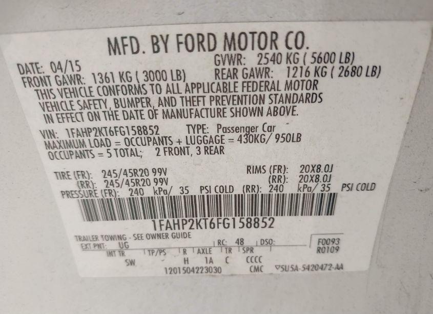 Photo 9 of 2015 Ford Taurus SHO (VIN 1FAHP2KT6FG158852)