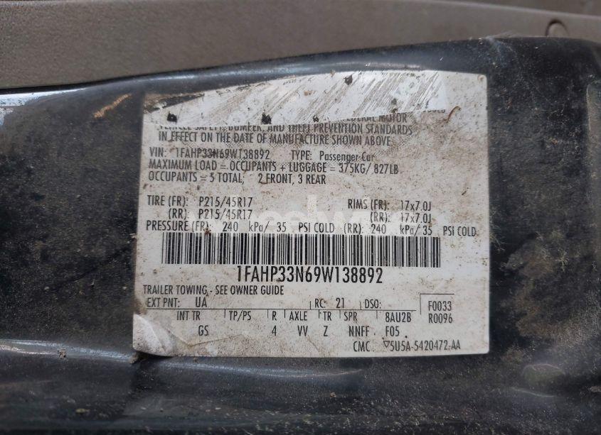 Photo 9 of 2009 Ford Focus SES (VIN 1FAHP33N69W138892)